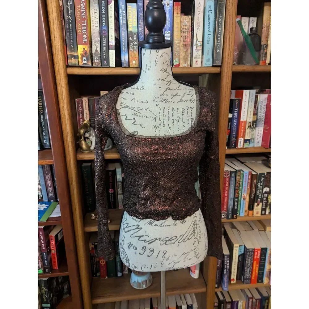 NEW FREE PEOPLE LATE NIGHT DISCO SEQUIN LAYERING TOP BROWN SZ SMALL